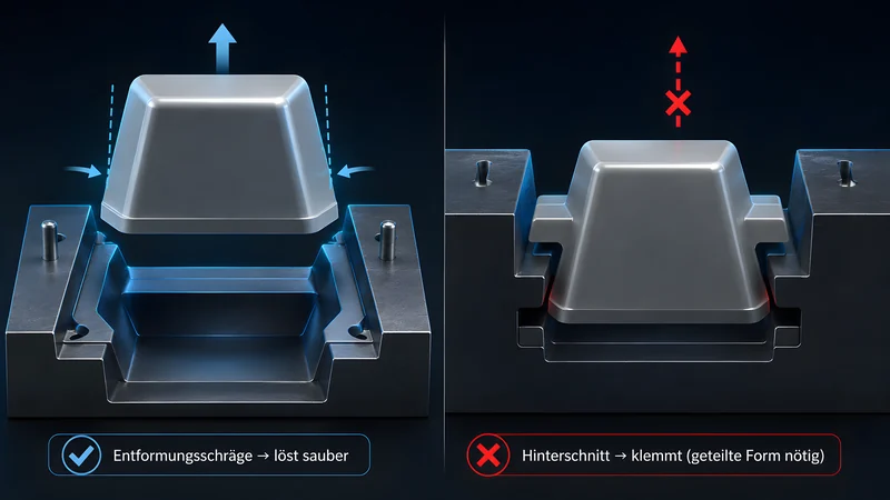 Vergleich zweier Werkzeuge: links eine Form mit Entformungsschräge, aus der das Bauteil sauber nach oben löst; rechts ein Hinterschnitt, der das Bauteil in der Form verklemmt und eine geteilte Form nötig macht.