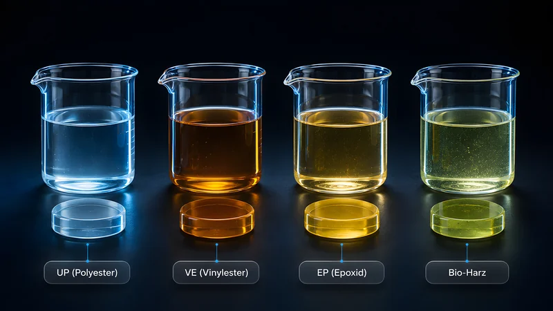 Vier Bechergläser mit flüssigen Harzproben und ausgehärteten Probekörpern davor: UP (Polyester), VE (Vinylester), EP (Epoxid) und Bio-Harz in leicht unterschiedlichen Farbtönen.
