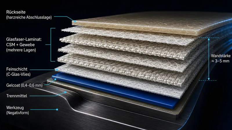 Beschrifteter Querschnitt eines GFK-Laminats: Werkzeug (Negativform), Trennmittel, Gelcoat (0,4–0,6 mm), Feinschicht (C-Glas-Vlies), das Glasfaser-Laminat aus mehreren Lagen CSM und Gewebe sowie die harzreiche Rückseite; rechts die Wandstärke von etwa 3 bis 5 mm.