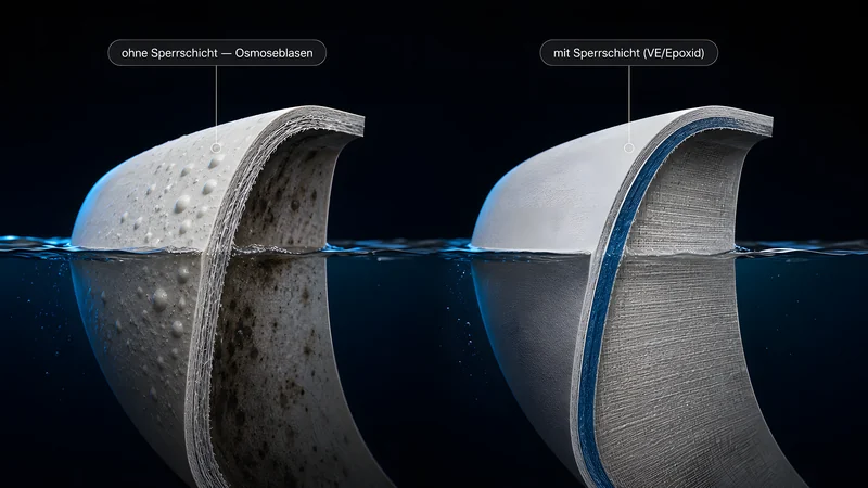 Zwei Rumpfschnitte unter der Wasserlinie im Vergleich: links ohne Sperrschicht mit Osmoseblasen im Gelcoat und dunklen Feuchtstellen im Laminat, rechts mit blauer Sperrschicht (VE/Epoxid) hinter dem Gelcoat und sauberem, trockenem Laminat.