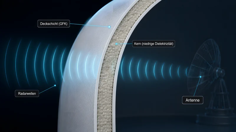 Schnitt durch eine gewölbte Radom-Wand als A-Sandwich: zwei dünne GFK-Deckschichten um einen Kern niedriger Dielektrizität; Radarwellen laufen sichtbar durch die Wand hindurch zur Antenne dahinter.