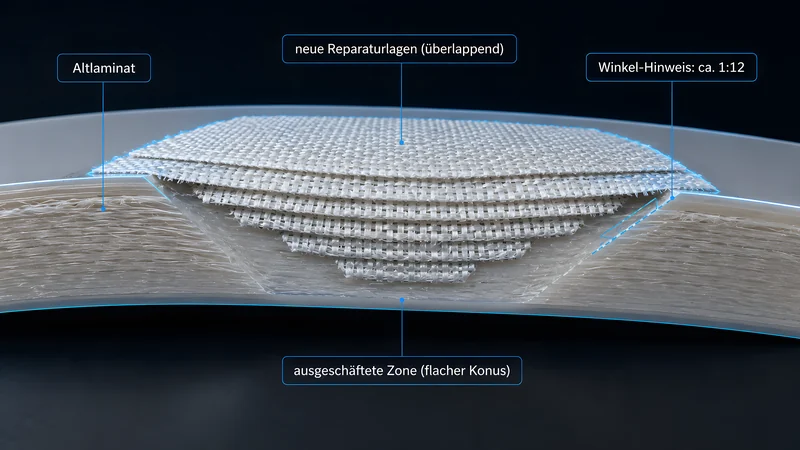 Querschnitt einer Schäftungs-Reparatur (Scarf): das Altlaminat ist zu einem flachen Konus ausgeschäftet, neue Reparaturlagen sind überlappend eingelegt; Winkel-Hinweis etwa 1:12.