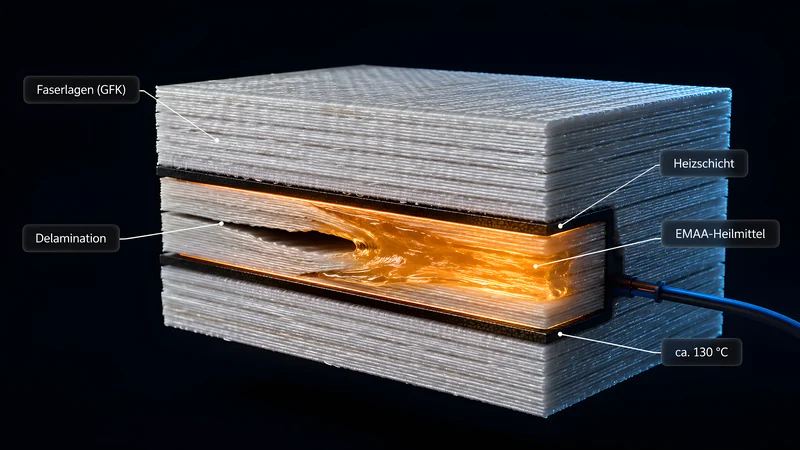 Schnitt durch ein selbstheilendes GFK-Laminat: weiße Faserlagen, in der Mittelebene eine Delamination, in die glühend geschmolzenes EMAA-Heilmittel fließt; darüber und darunter dünne dunkle Heizschichten (ca. 130 °C), ein Kabel deutet den Stromimpuls an.