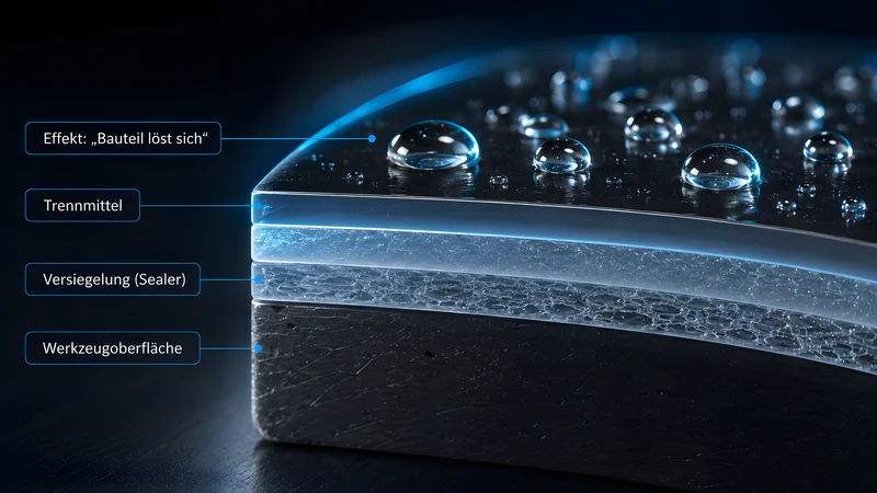 Schichtaufbau eines Trennmittelsystems im Schnitt: Werkzeugoberfläche, darauf eine Versiegelung (Sealer) und das Trennmittel; auf der fertigen Oberfläche perlen Wassertropfen ab – das Bauteil löst sich.