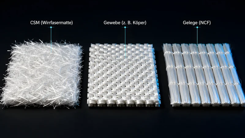 Drei Glasfaser-Verstärkungen im Vergleich: CSM (Wirrfasermatte) mit regellosen Fasern, Gewebe (zum Beispiel Köper) mit Über-unter-Bindung und Gelege (NCF) mit gestreckten, parallel liegenden Faserbündeln.