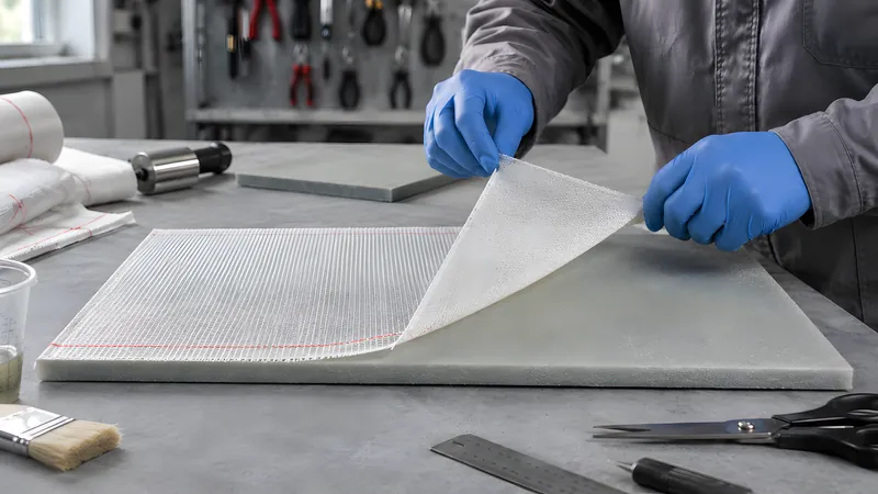 Abreißgewebe wird im flachen Winkel von einem ausgehärteten GFK-Laminat abgezogen und legt eine gleichmäßig raue Oberfläche frei