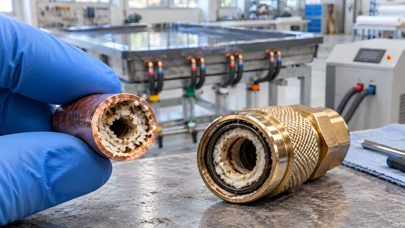 Aufgeschnittenes Kupferrohrstück und ausgebaute Kupplung mit weißlichem Kalkbelag und rostbraunen Ablagerungen
