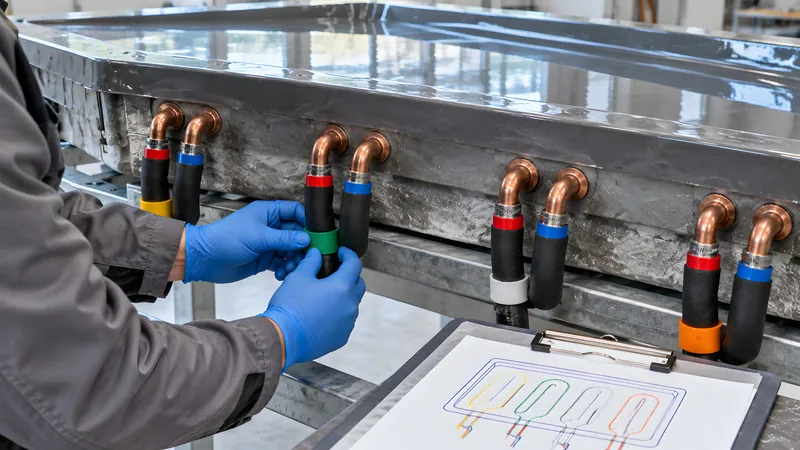 An den Schlauchenden einer beheizten GFK-Form wird ein Temperierkreis farbig markiert; im Vordergrund liegt der Kreisplan auf einem Klemmbrett