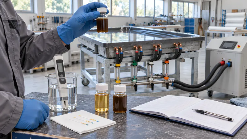 Wasserprobe mit Messgerät und Teststreifen neben Ölproben, hell und frisch gegenüber dunkel und gealtert; daneben das aufgeschlagene Protokollheft