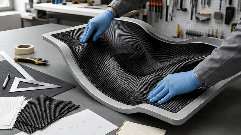Behandschuhte Hände drapieren Carbongewebe faltenfrei in eine doppelt gekrümmte Form