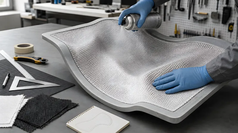 Gewebelage wird mit Haftspray fixiert, daneben Notizzettel mit symmetrischem Lagenaufbau