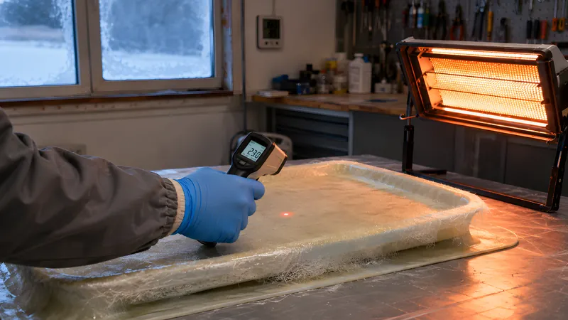 Mit dem Infrarot-Thermometer wird die Oberflächentemperatur der kalten Form gemessen, daneben ein Hygrometer