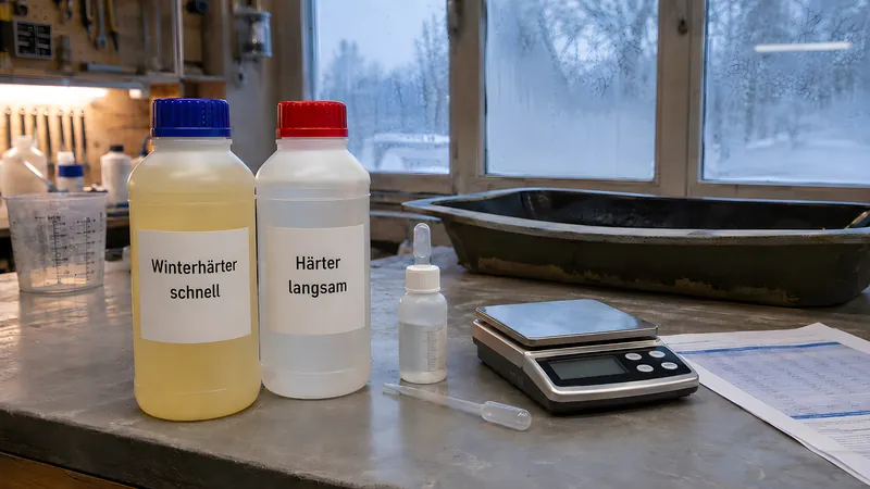 Auswahl des Härtersystems: schneller Winterhärter neben Langsamhärter, daneben MEKP mit Pipette und Waage