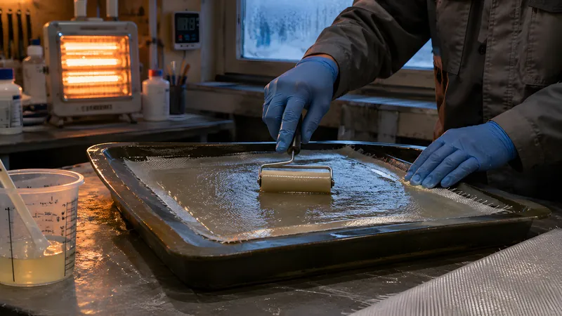 Hände tränken Glasgewebe zügig mit warmem Harz und tupfen mit dem Roller Luftblasen aus