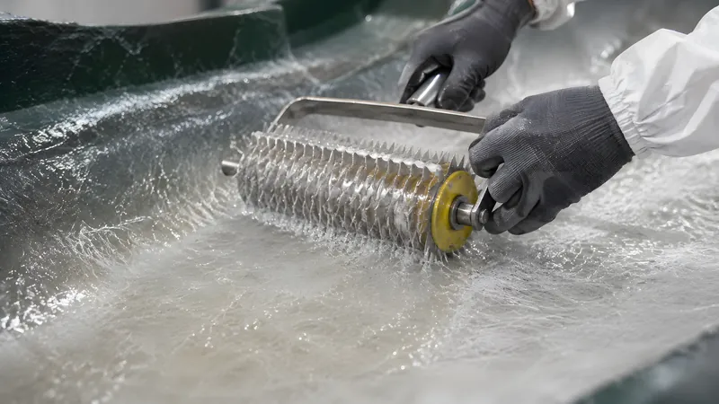 Riffelwalze verdichtet das frisch gespritzte Wirrfaserlaminat, links noch milchige Stellen mit Lufteinschlüssen, rechts bereits glasig durchgetränkte Fläche