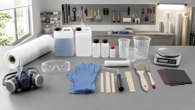 Komplette GFK-Einsteigerausstattung im Überblick auf einer Werkbank: Harz und Härter, Glasgewebe-Rolle, Mischbecher, Feinwaage, Roller, Pinsel, Handschuhe, Schutzbrille, Atemschutz und Schleifpapier