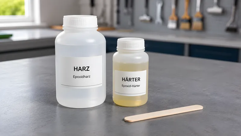 Epoxidharz- und passendes Härter-Gebinde nebeneinander – am Anfang lieber kleine Gebinde