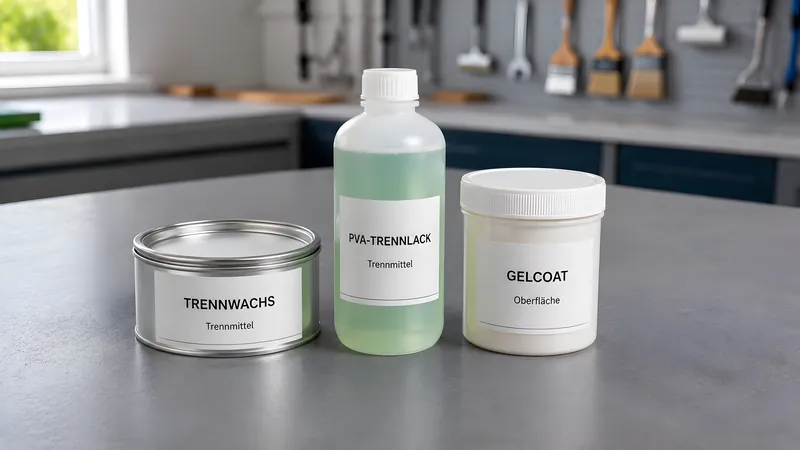Trennwachs-Dose, PVA-Trennlack-Flasche und Gelcoat-Becher nebeneinander auf der Werkbank