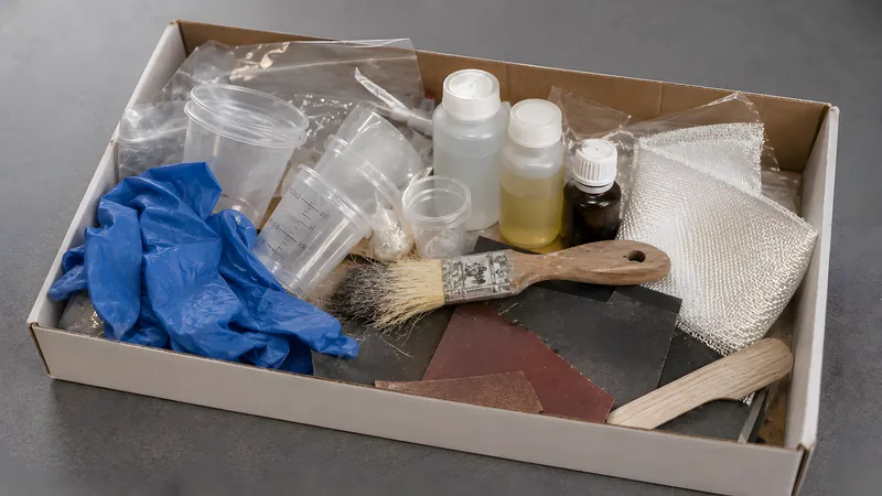 Offener Karton mit billigem GFK-Komplettset: durcheinander Mischbecher, kleine Harzflaschen, Pinsel, Schleifpapier und ein Stück Glasgewebe