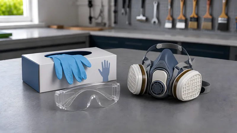 Nitrilhandschuh-Box, Schutzbrille und Halbmasken-Atemschutz mit Kombifiltern