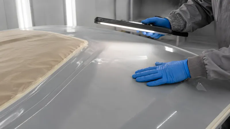 Hand prüft im Streiflicht ein altes GFK-Panel mit kreidigem Gelcoat und gealtertem Lack
