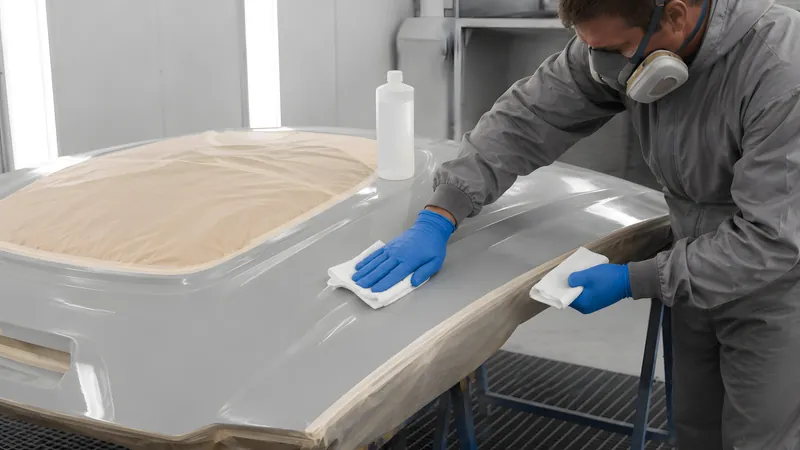 Entfetten eines GFK-Bauteils mit Silikonentferner in Zwei-Tücher-Methode vor dem Schleifen