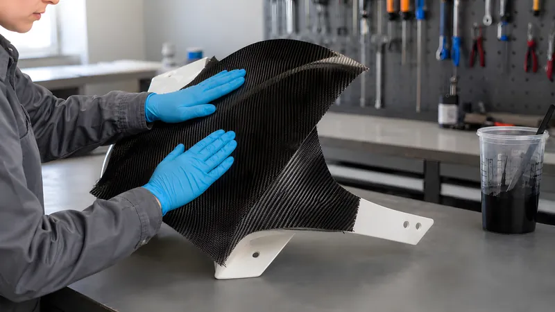 Trockenes Carbongewebe wird ausgerichtet auf das gewölbte Teil gelegt und mit flacher Hand angetupft – der Überstand bleibt an den Kanten stehen