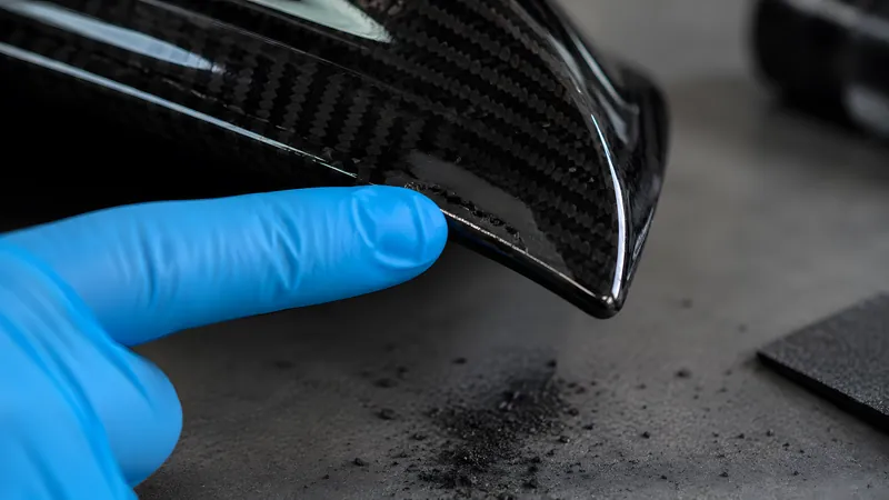 Behandschuhter Finger zeigt auf eine matt angeschliffene Stelle an der Carbon-Kante, darunter schwarzer Schleifstaub
