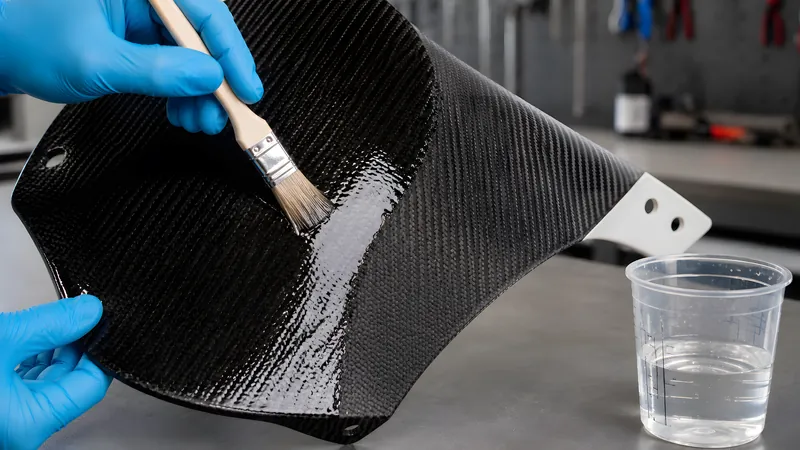 Klares Epoxidharz wird tupfend ins Carbongewebe eingearbeitet – die getränkte Fläche glänzt tief, daneben noch mattes trockenes Gewebe