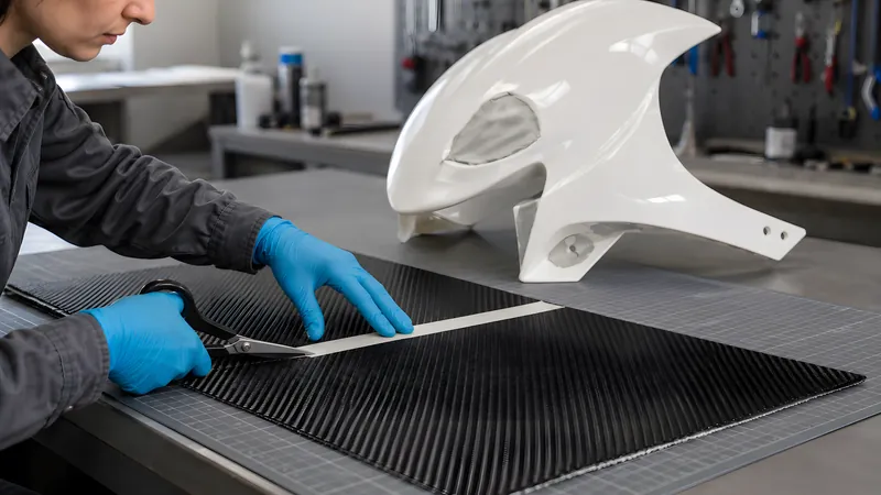 Carbongewebe wird entlang eines Malerkrepp-Streifens zugeschnitten, damit die Kante nicht ausfranst – im Hintergrund das Teil mit Knetmasse in den Öffnungen