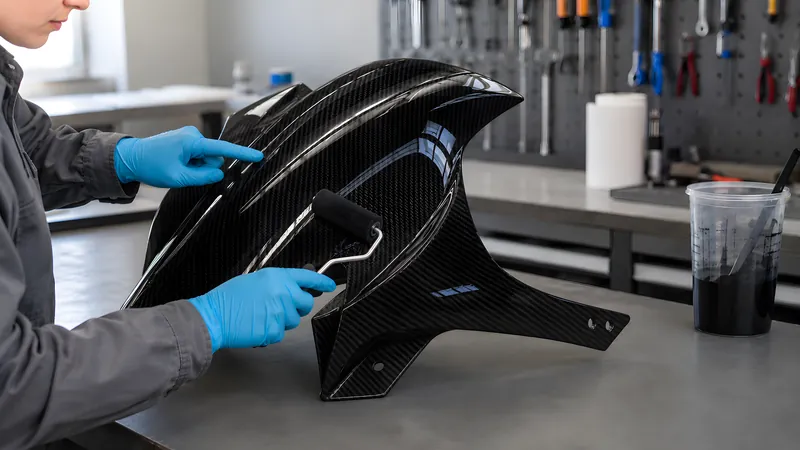 Weitere klare Deckschicht wird nass auf klebrig auf das schwarze Carbon-Laminat aufgerollt