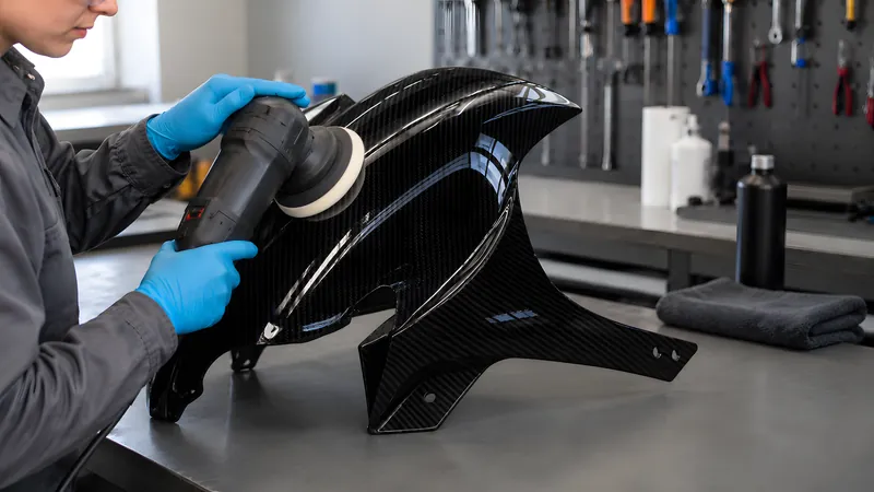 Poliermaschine bringt die Sichtcarbon-Fläche auf Tiefenglanz – das Köpermuster spiegelt gleichmäßig
