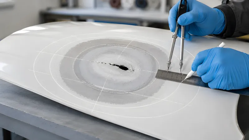 Mit Zirkel und Lineal die breite Schäftzone als konzentrische Kreise rund um den Schaden anzeichnen