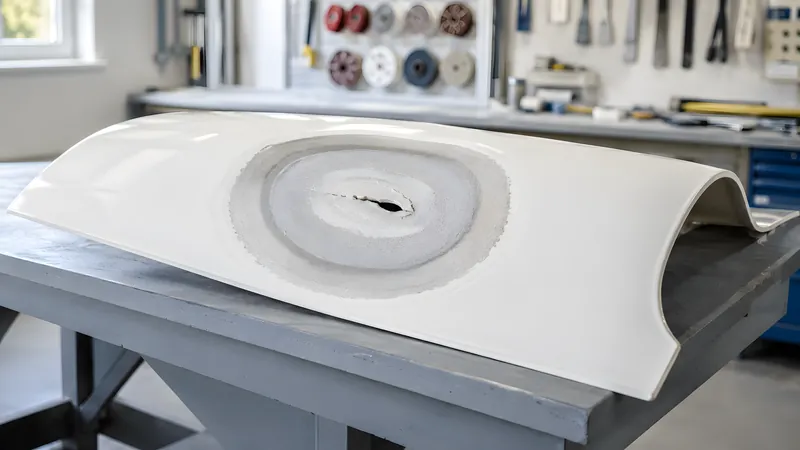 Flach kegelförmig ausgeschliffener Schaden in einem GFK-Laminat – die einzelnen Faserlagen liegen als konzentrische Ringe frei