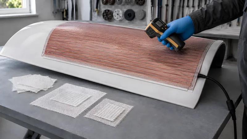 Ausgehärtete Reparatur mit Heizmatte tempern und die Temperatur mit dem Infrarot-Thermometer kontrollieren
