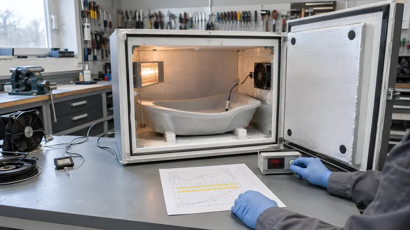 Temperkammer-Setup: gedämmte Kammer mit Infrarotstrahler und Ventilator, GFK-Form darin, daneben Regler und Datenblatt