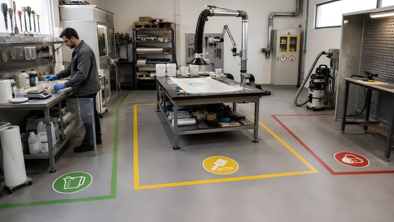 Werkstatt mit farbig markierten Arbeitszonen für Anmischen, Laminieren und Schleifen, dazu eine Wiege-/Vorbereitungsstation