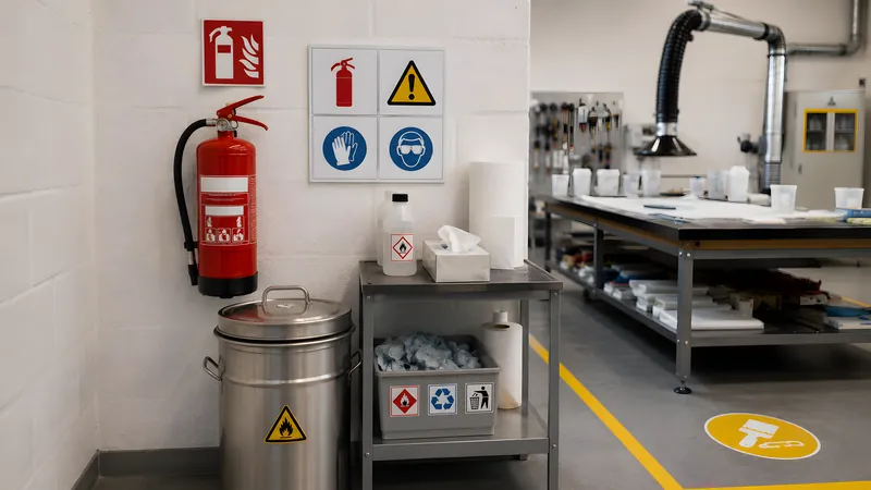 Brandschutz- und Entsorgungsstation: Wandfeuerlöscher und Metallbehälter mit selbstschließendem Deckel für getränkte Lappen