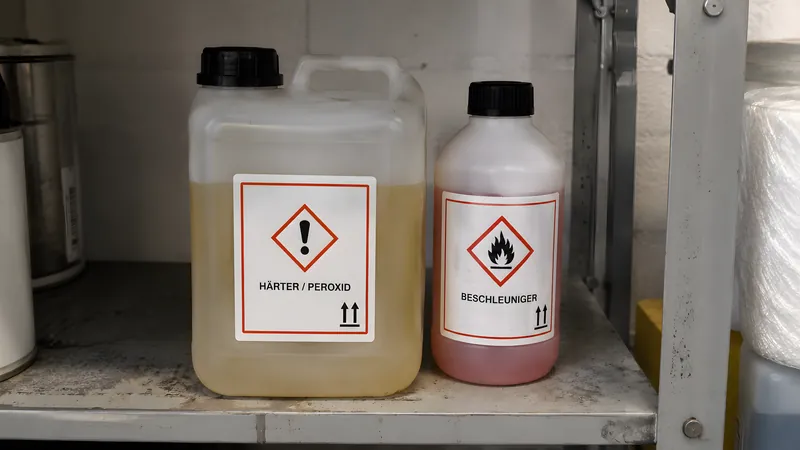 Härter (Peroxid) und Beschleuniger stehen gefährlich direkt nebeneinander auf einem Regal