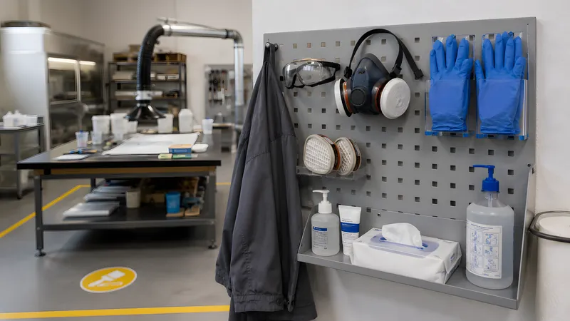 PSA-Station mit Atemschutz-Halbmaske (Kombifilter), Schutzbrille, Handschuhen und Hautschutzmitteln, griffbereit aufgehängt