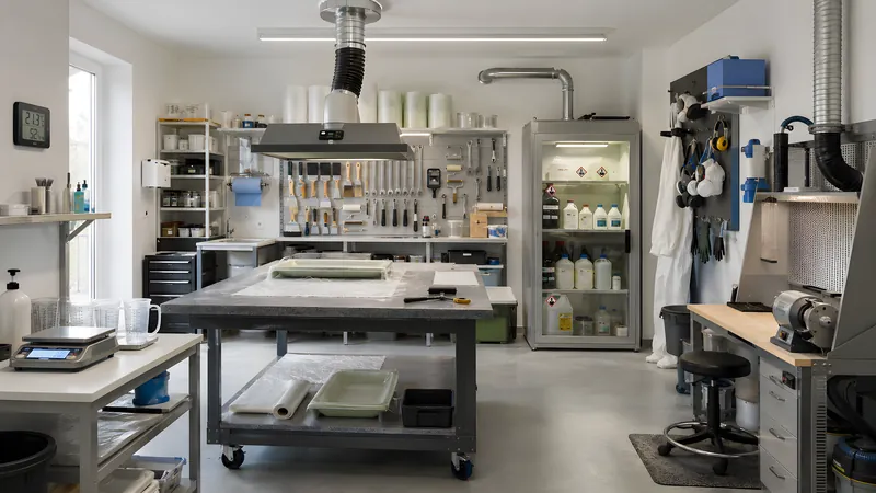 Weiter Blick in eine aufgeräumte GFK-Werkstatt mit zentralem Laminiertisch, Absaughaube, Mischstation mit Waage und Gefahrstoffschrank