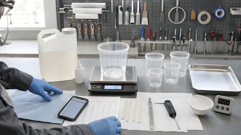 Mischstation für GFK-Harz: leerer Becher auf digitaler Feinwaage, daneben Harzkanister, Rührspatel, Thermometer und Timer auf dem Werkstatttisch