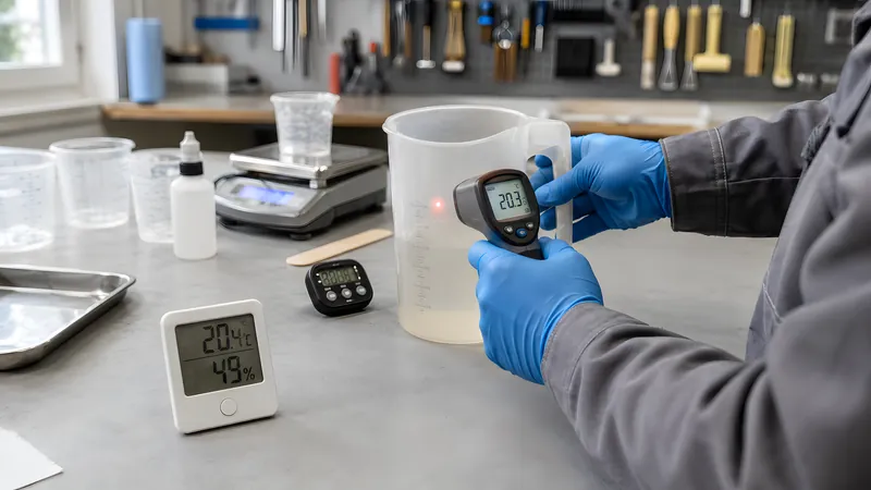 Mit dem Infrarot-Thermometer die Harztemperatur prüfen, daneben ein Raumthermometer mit Luftfeuchte