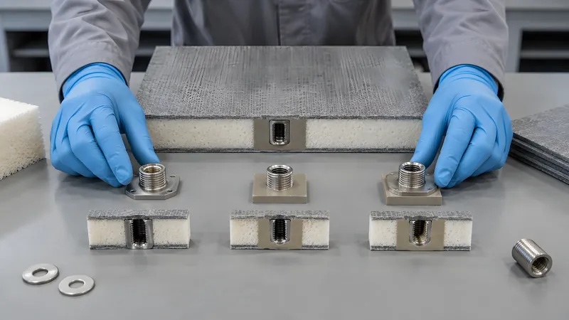 Die drei Insert-Grundvarianten – Durchsteck, voll vergossen und teilvergossen – neben einem Sandwich-Musterstück