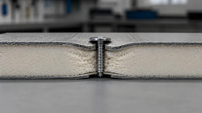 Direkt durchs Sandwich verschraubt – die Klemmkraft quetscht den Schaumkern zusammen