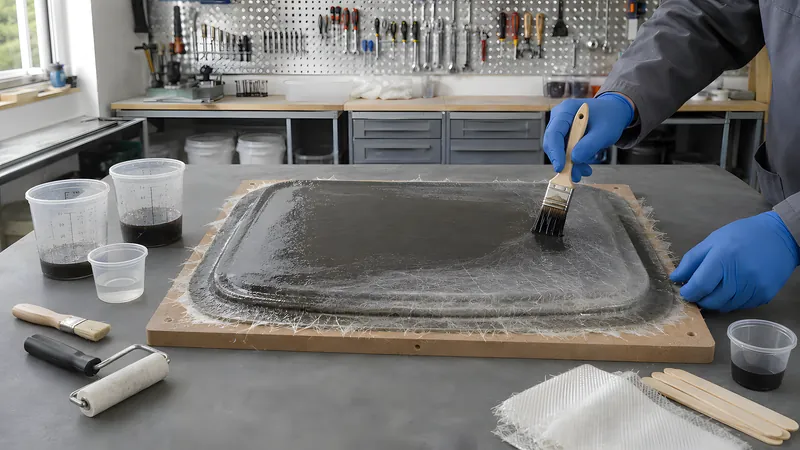 Erste Formhälfte mit Gelcoat, Laminat und umlaufendem Flansch auf dem Trennbrett aufbauen