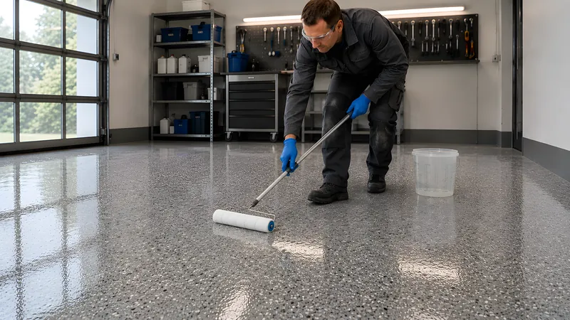 Klare, UV-stabile Polyaspartic-Versiegelung über den eingestreuten Flake-Boden rollen