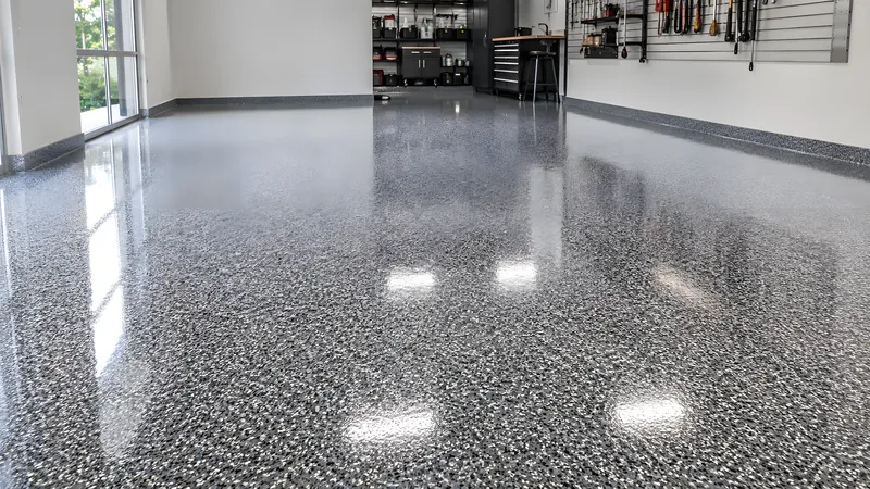 Fertiger, hochglänzender Polyaspartic-Flake-Boden in einer Garage mit Dekor-Chips und spiegelnder Oberfläche