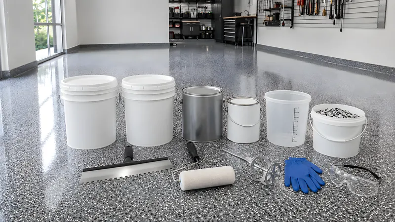 Übersicht eines Polyaspartic-Systems: Gebinde A und B, Primer, Farbchips, klarer Topcoat, Rakel und Rolle