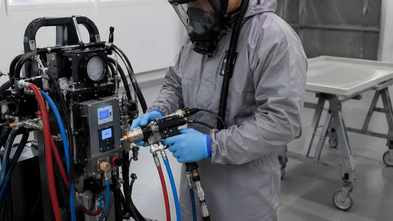 Beheizte 2K-Hochdruckanlage mit getrennten Heizschläuchen auf Temperatur und Druck einstellen